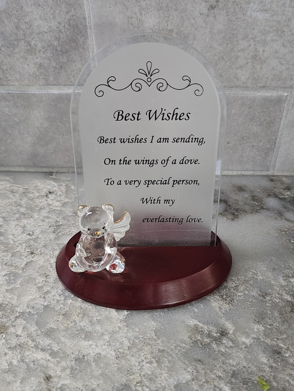 Glass Plaque Best Wishes Verse Ornament Clear Bear Angel Wood Base Keepsake Gift